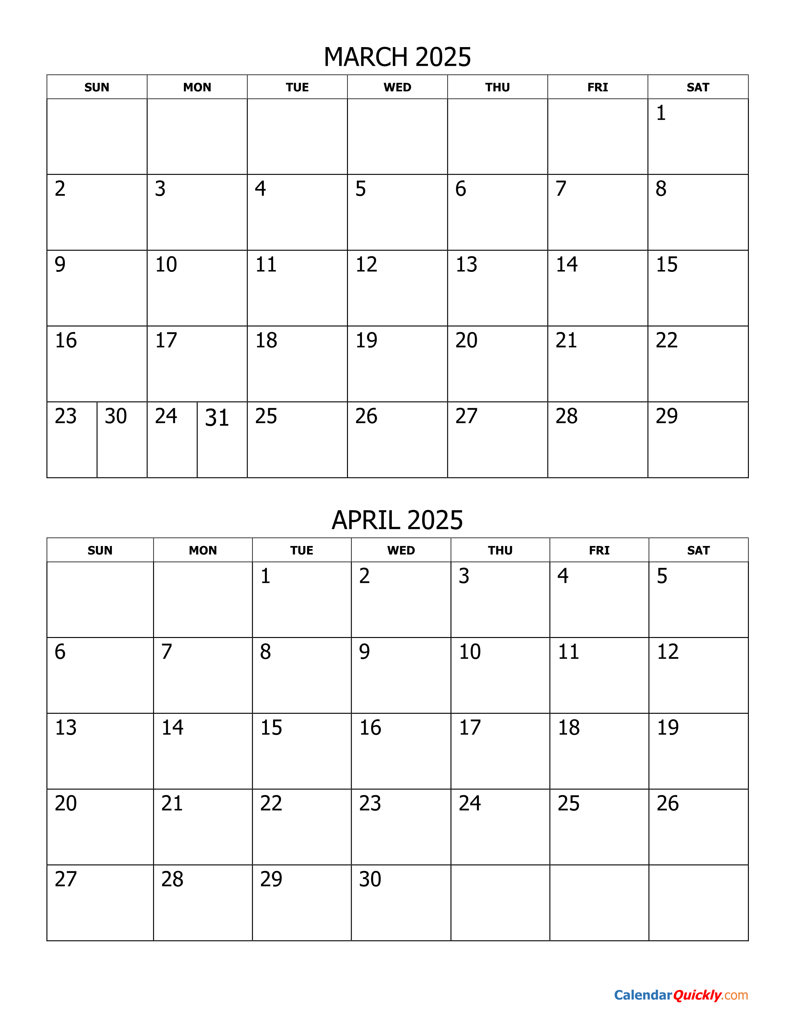 March and April 2025 Calendar Calendar Quickly