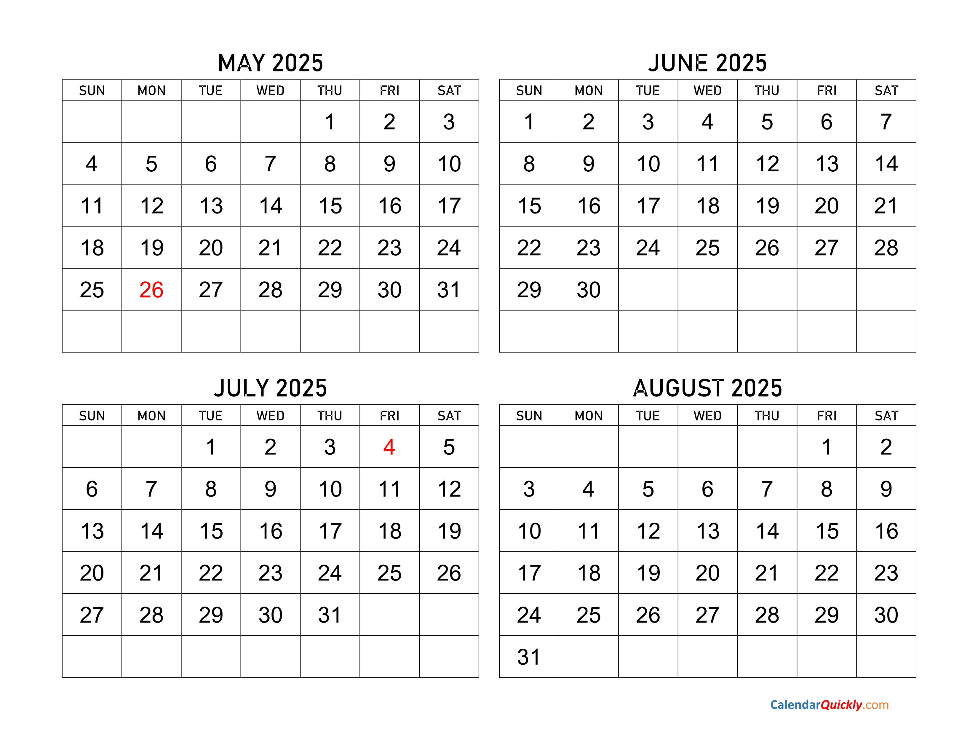 August 2025-May 2025 Calendar