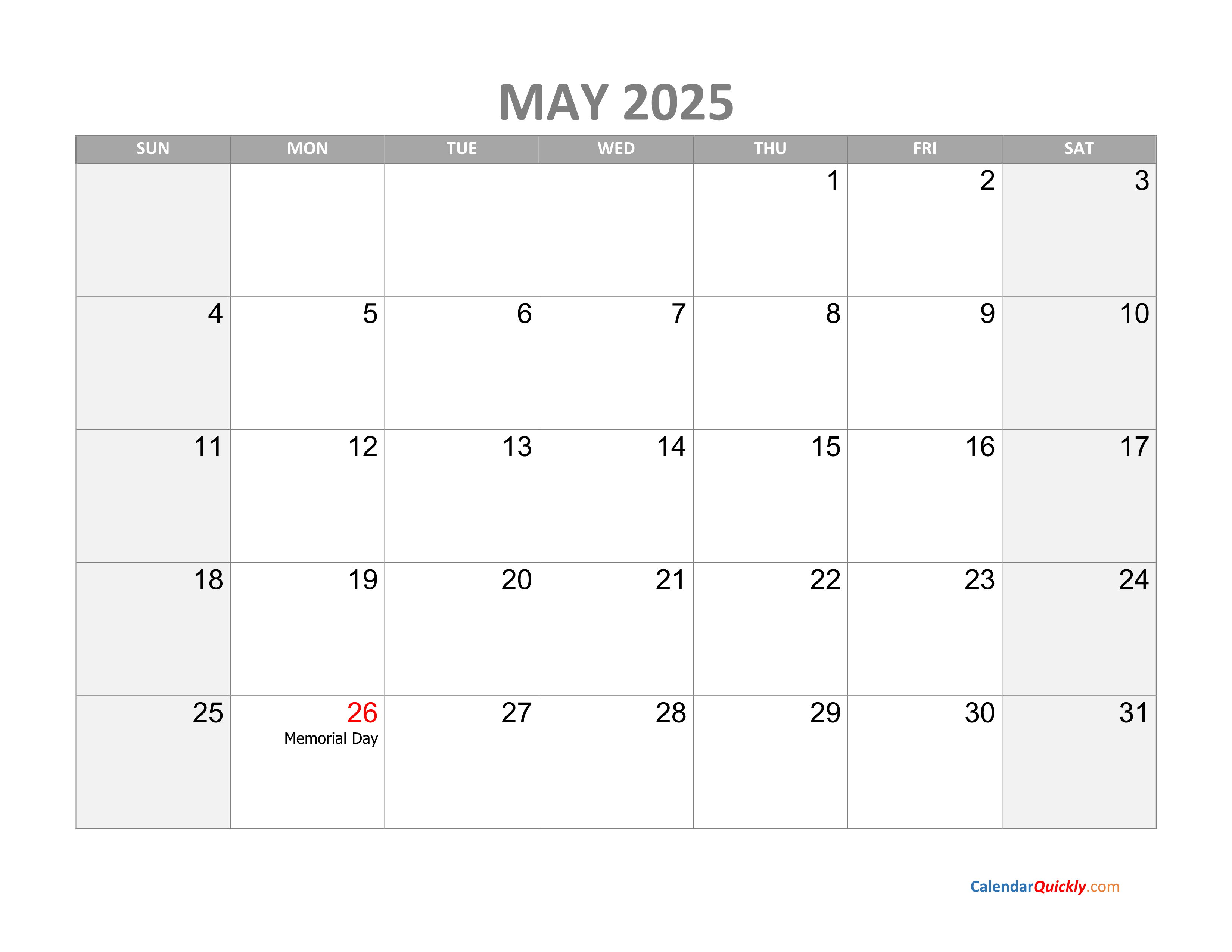 May 2025 With Holidays Calendar PELAJARAN