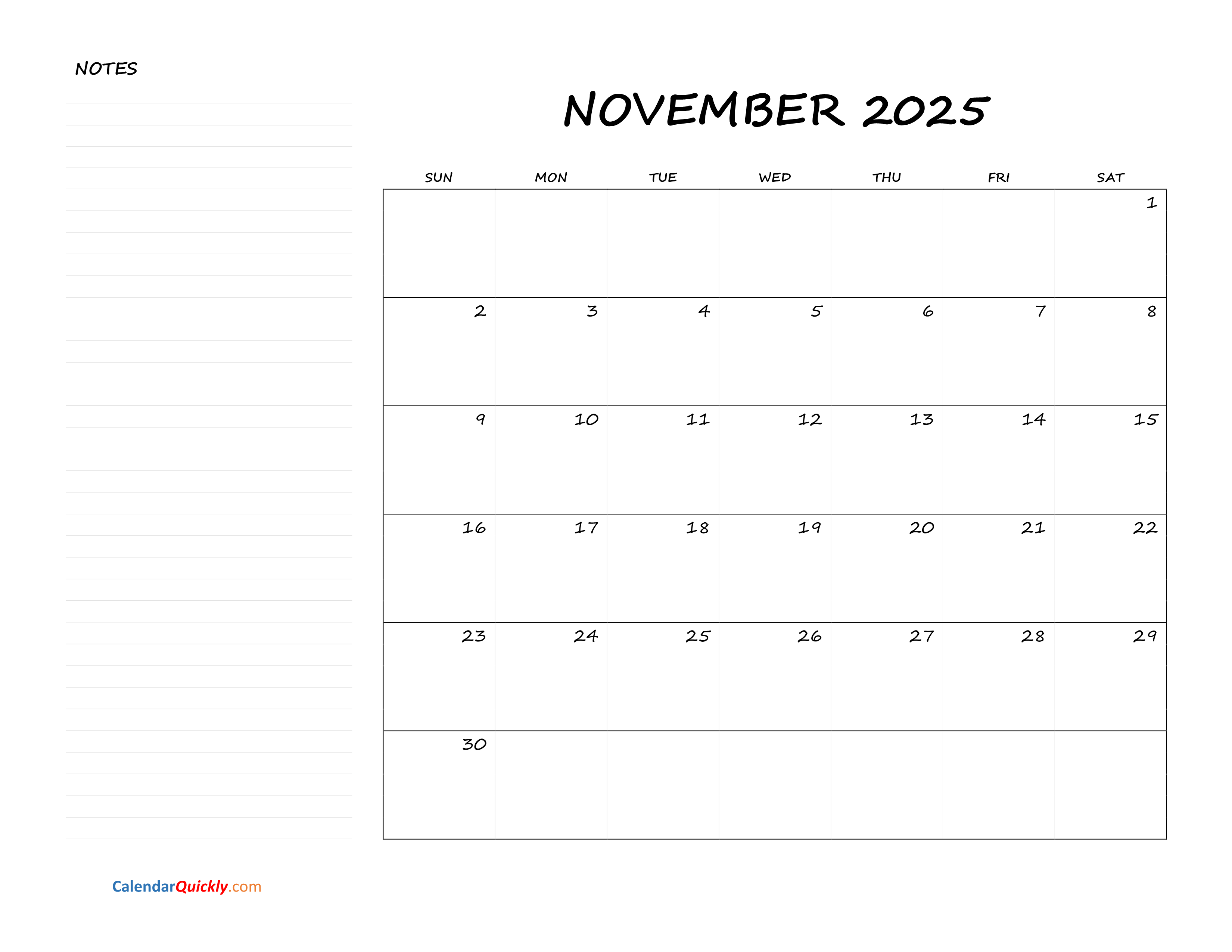 November Blank Calendar 2025 with Notes Calendar Quickly