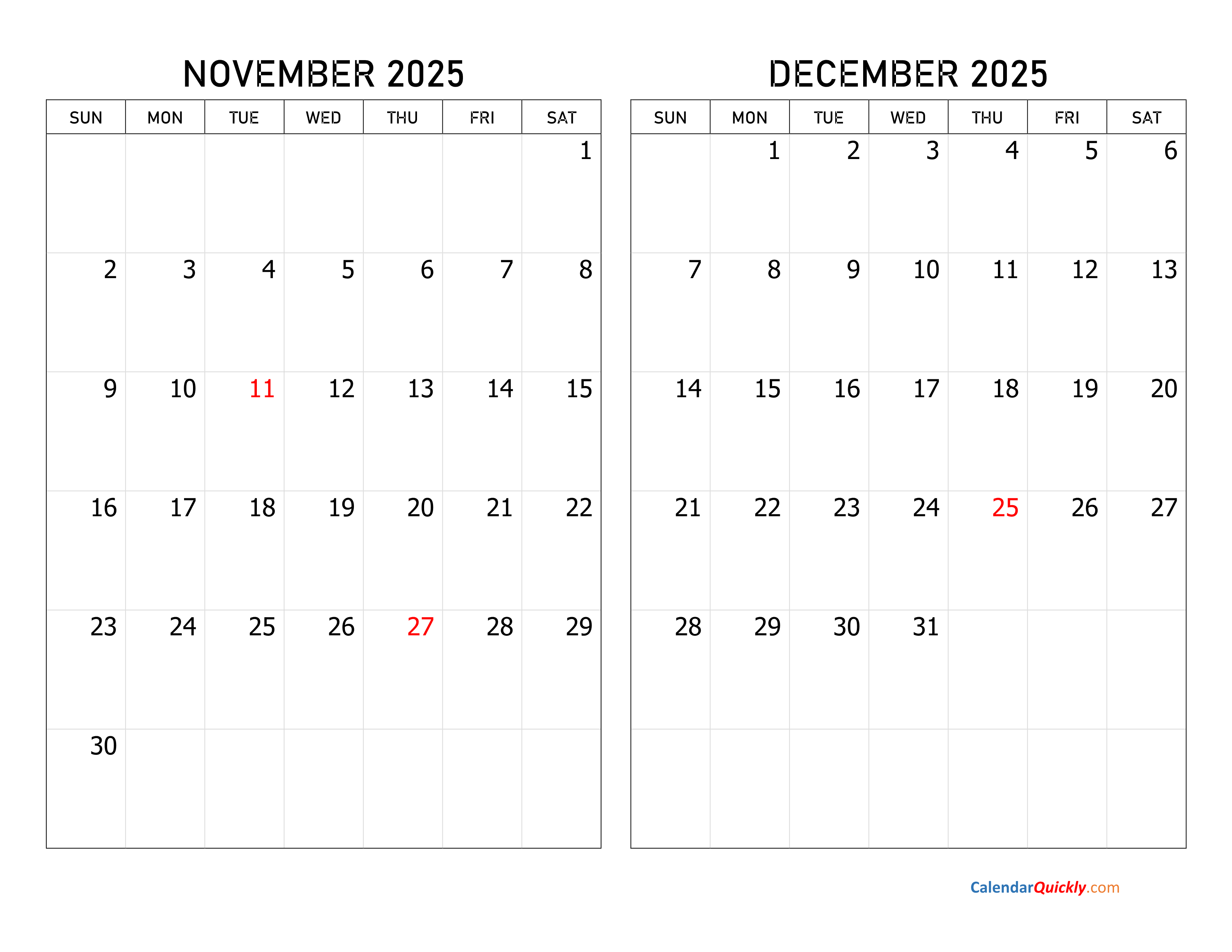 Calendar November December 2025 Printable