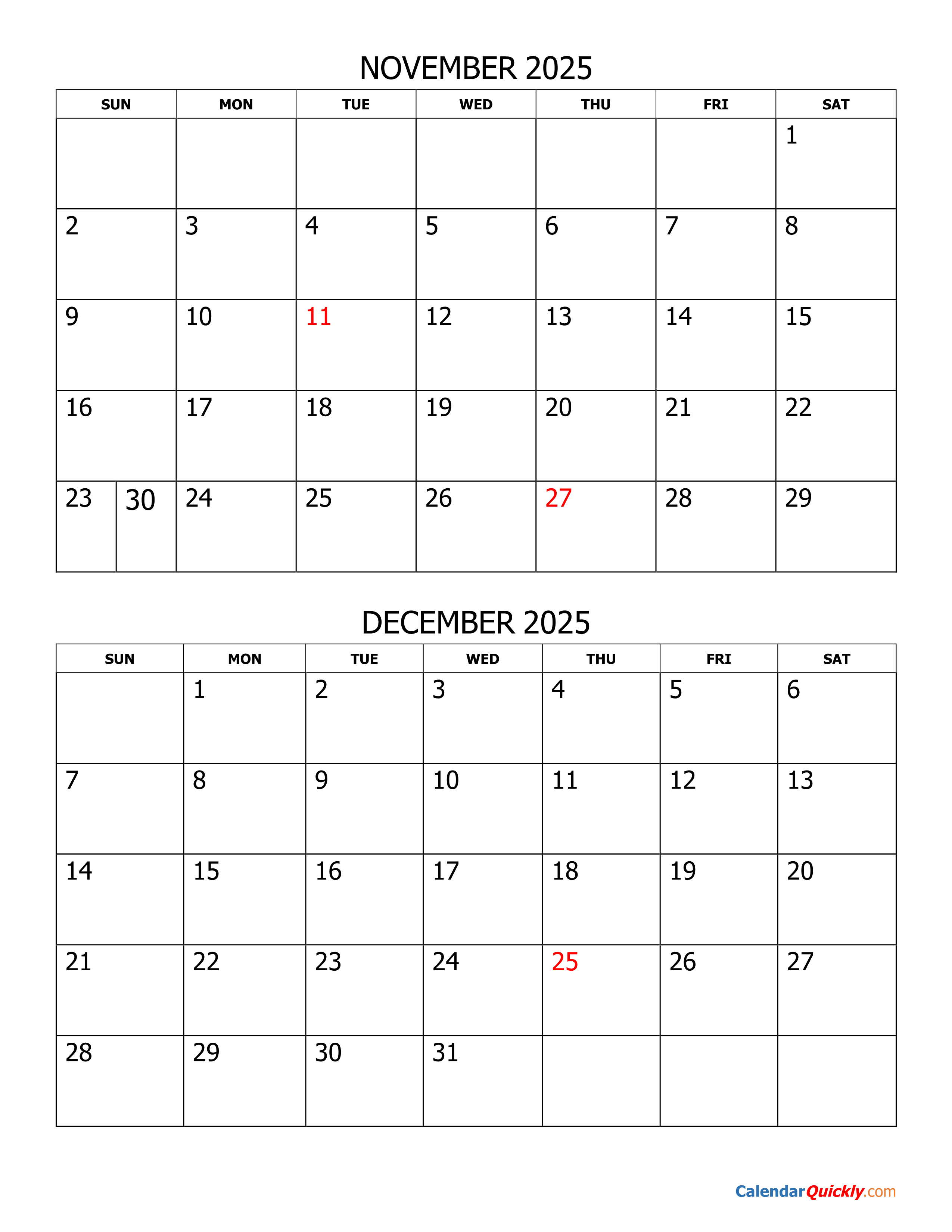 Calendar November December 2025 Printable