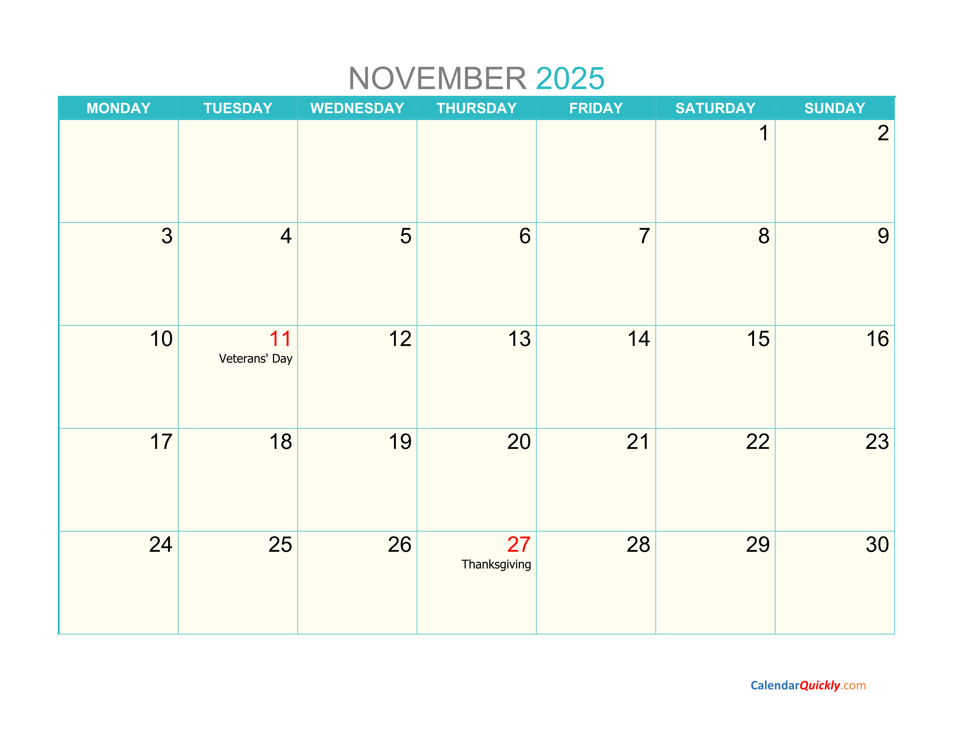 November 2025 Calendar Printable