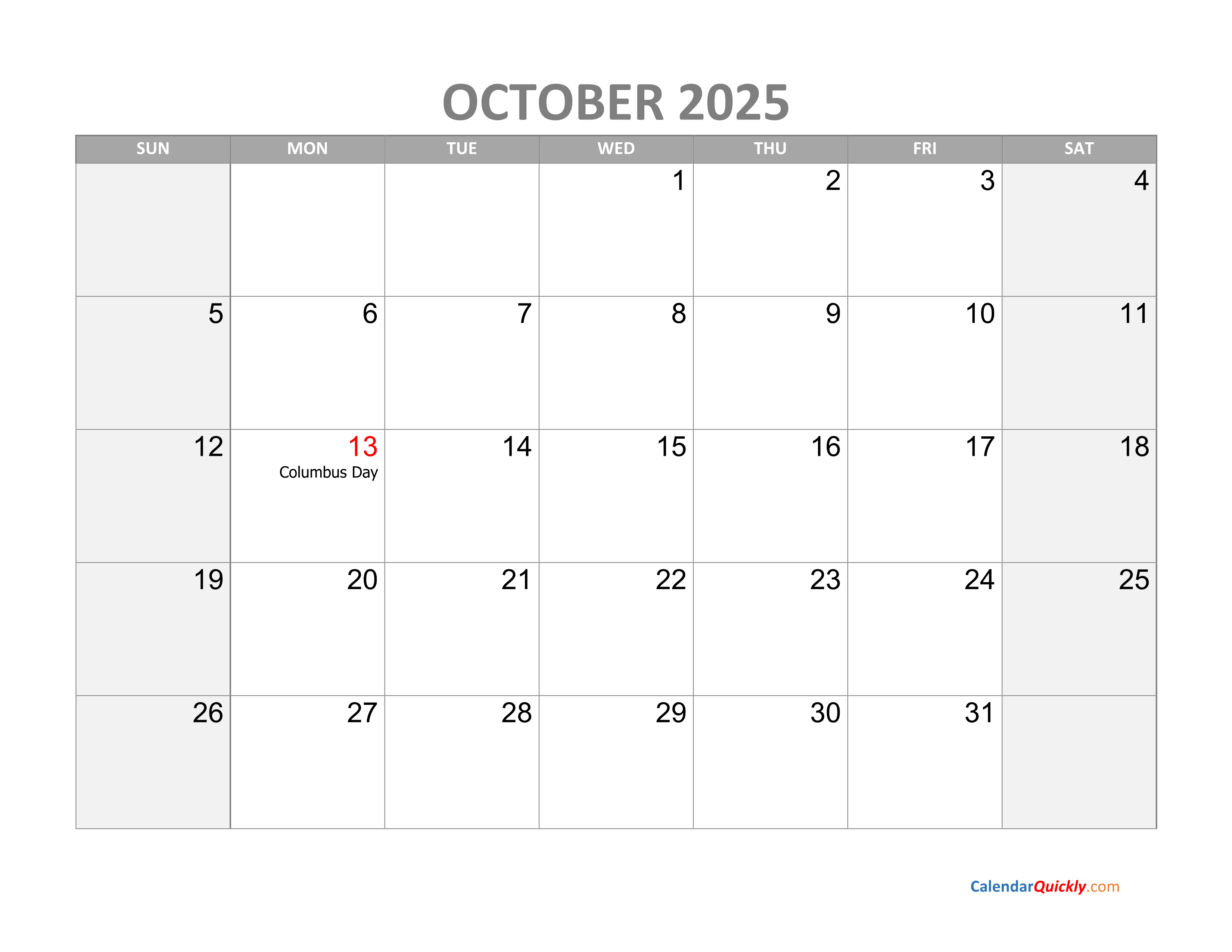 Monthly Calendar October 2025