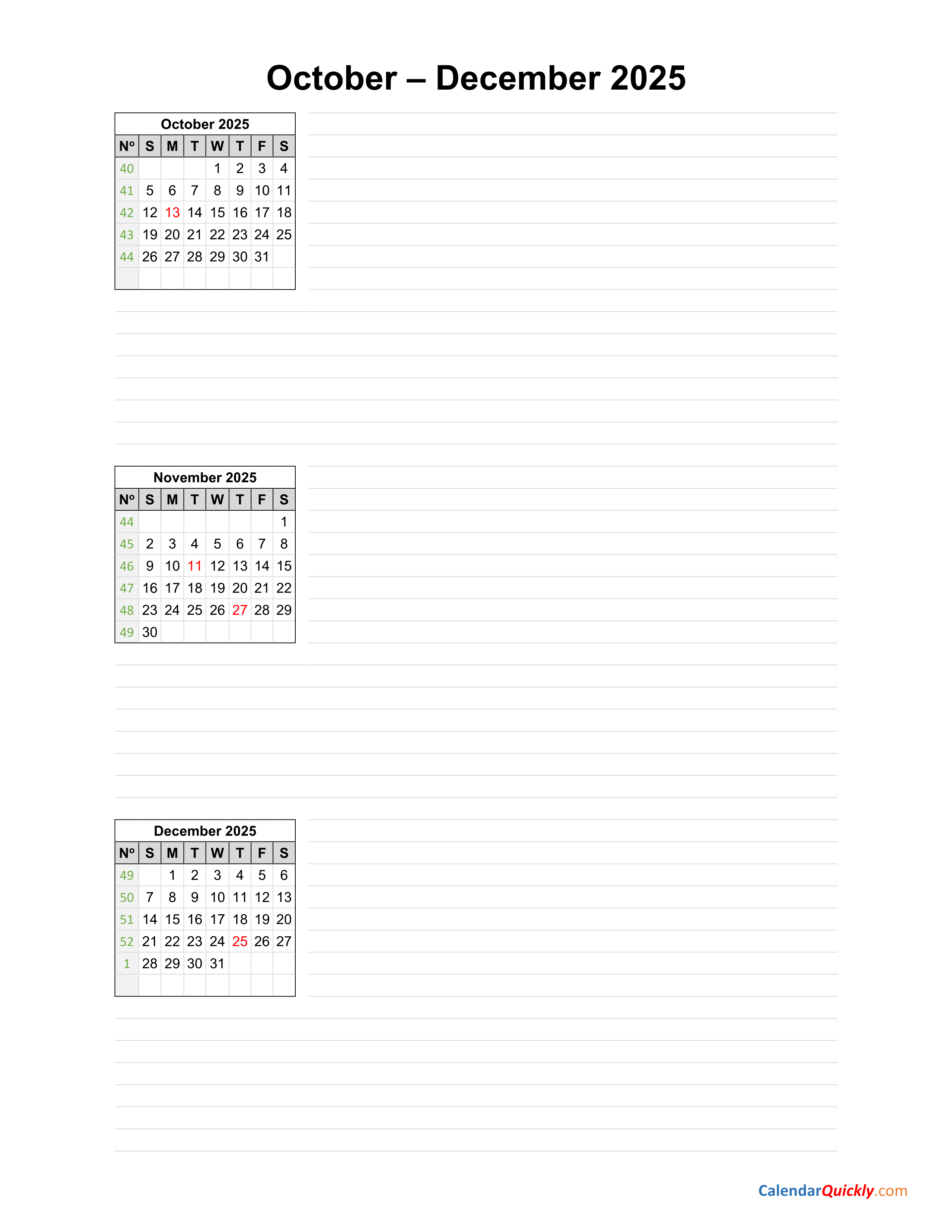 Calendar 2025 October To December