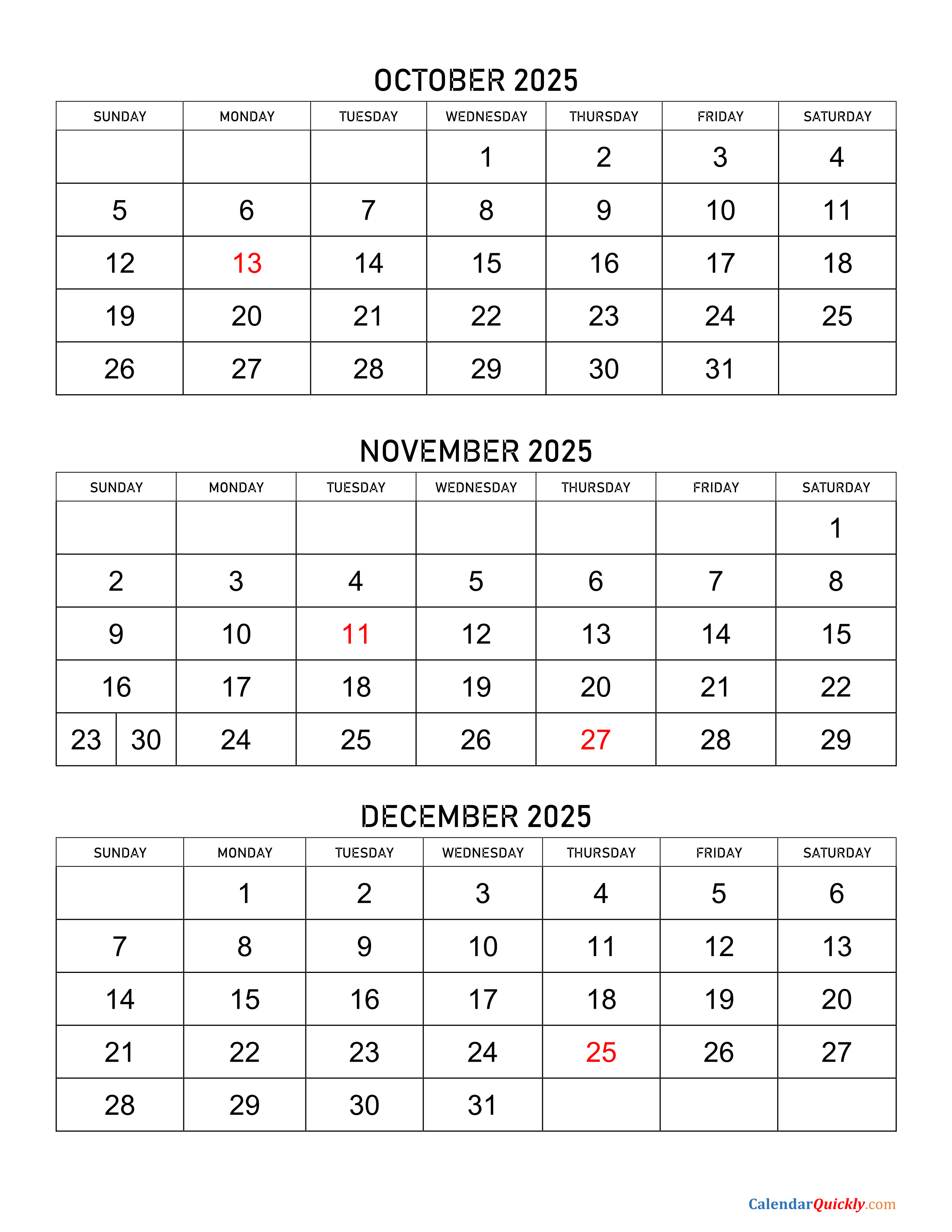 2025 Calendar For October November And December