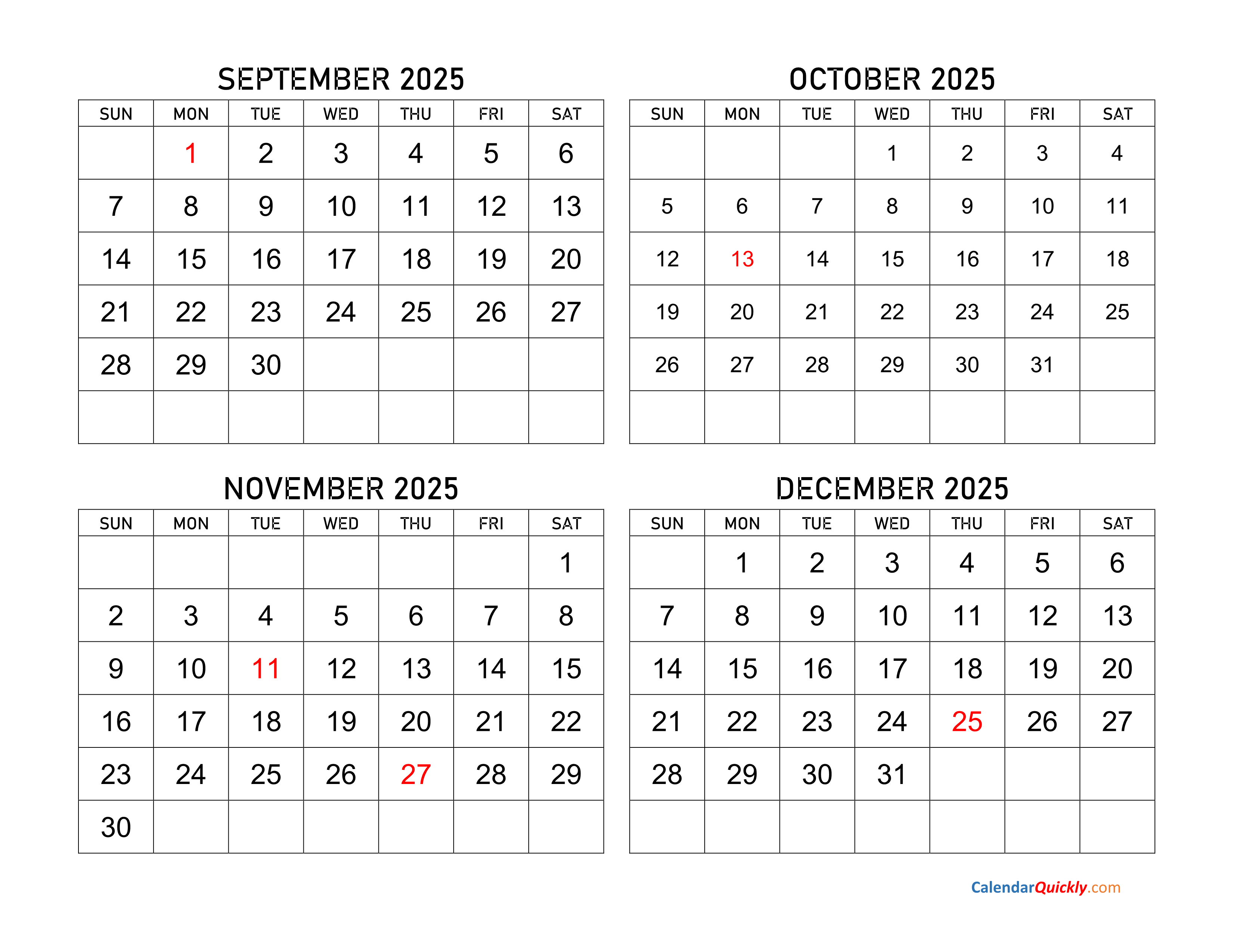 September to December 2025 Calendar Calendar Quickly