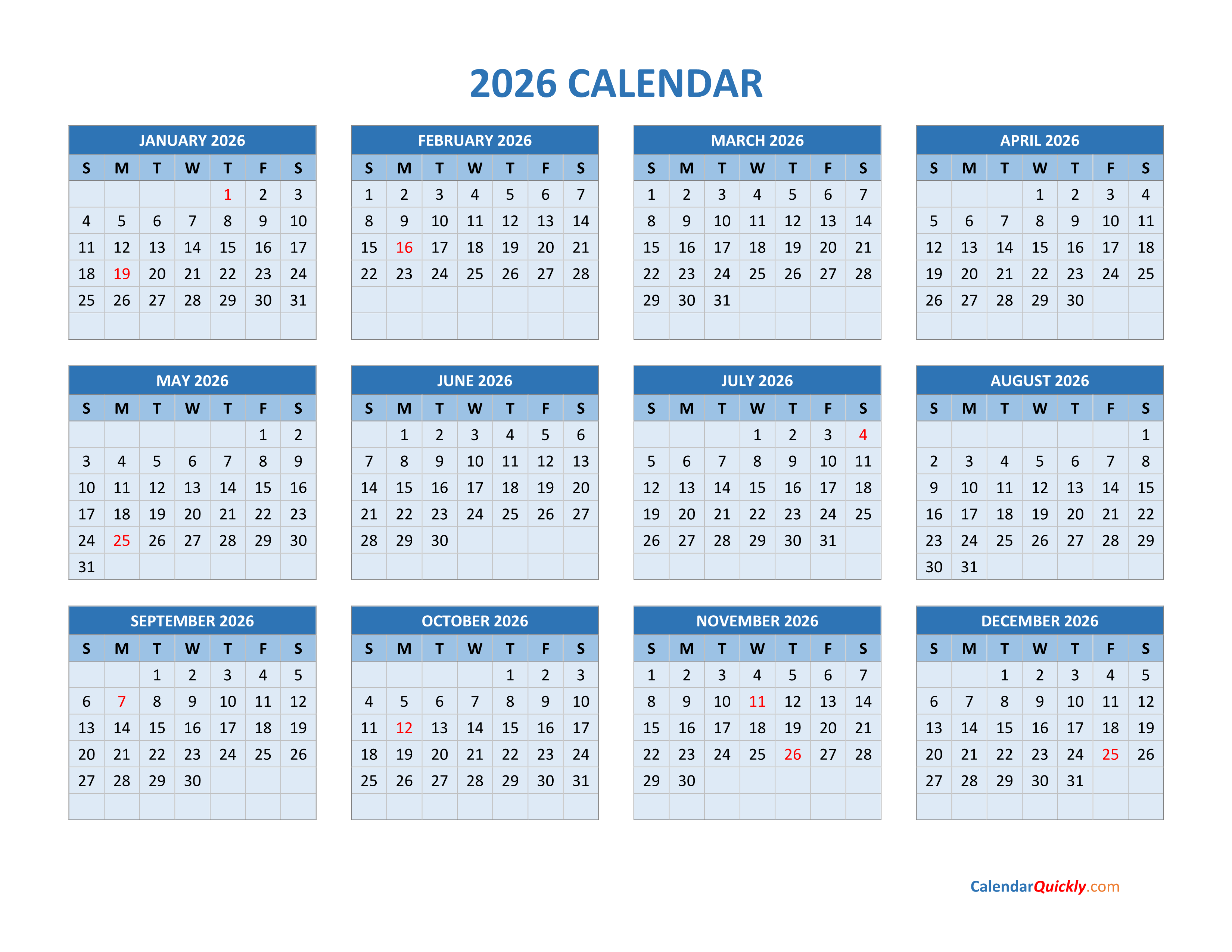 Year 2026 Calendars Calendar Quickly