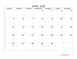 April 2026 Printable Calendar | Calendar Quickly
