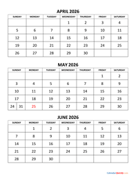april to june 2026 calendar