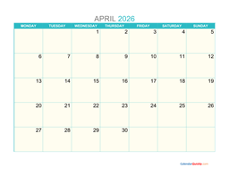 april monday 2026 calendar printable