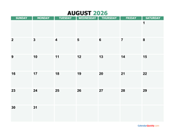 August 2026 Printable Calendar