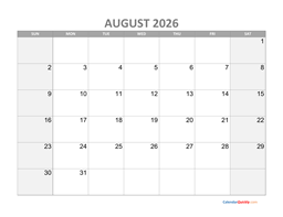 August Calendar 2026 Printable | Calendar Quickly