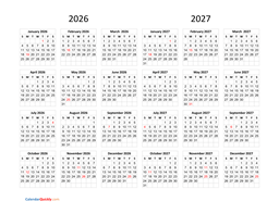Calendar 2026 and 2027 on One Page