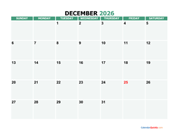 december 2026 printable calendar