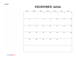 december blank calendar 2026 with notes
