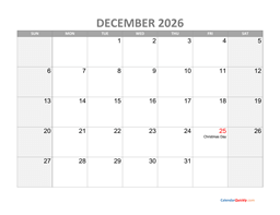 december calendar 2026 with holidays