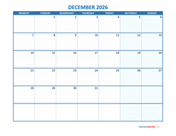 December Monday 2026 Blank Calendar