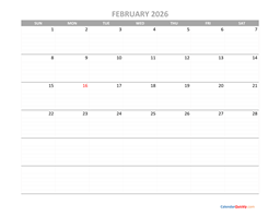 February Calendar 2026 Printable