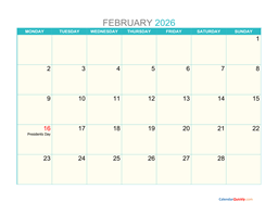 February Monday 2026 Calendar Printable