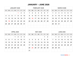 january to june 2026 calendar horizontal