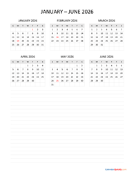 january to june 2026 calendar with notes