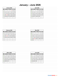 january to june 2026 calendar vertical