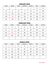 january to march 2026 calendar