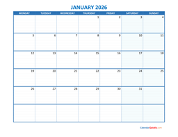 January Monday 2026 Blank Calendar