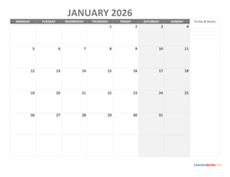 january monday calendar 2026 with notes