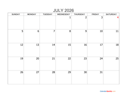 july 2026 blank calendar
