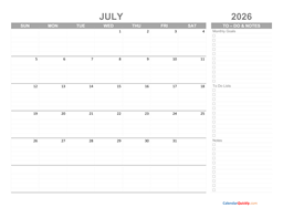 july 2026 calendar with to-do list