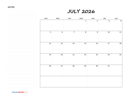 july blank calendar 2026 with notes