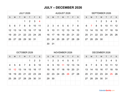 july to december 2026 calendar horizontal