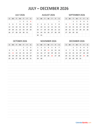 july to december 2026 calendar with notes