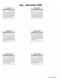 july to december 2026 calendar vertical