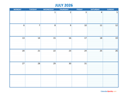 july monday 2026 blank calendar