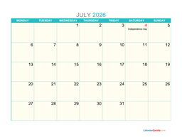 july monday 2026 calendar printable