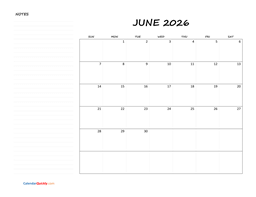 June Blank Calendar 2026 with Notes