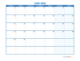 June Monday 2026 Blank Calendar