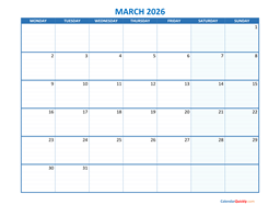 March Monday 2026 Blank Calendar