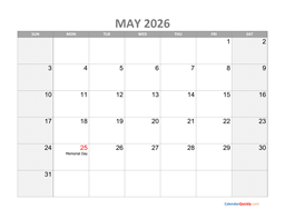 may calendar 2026 with holidays