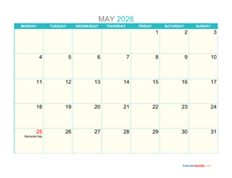 may monday 2026 calendar printable