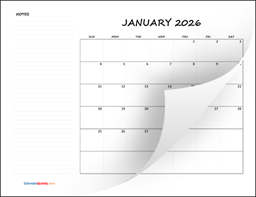 Monthly Blank Calendar 2026 with Notes