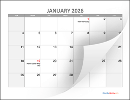 Monthly Calendar 2026 with Holidays