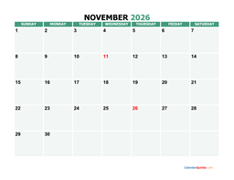 november 2026 printable calendar
