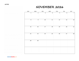 November Blank Calendar 2026 with Notes