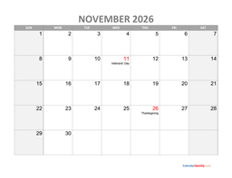 November Calendar 2026 with Holidays