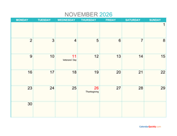 November Monday 2026 Calendar Printable