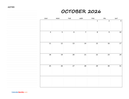 October Blank Calendar 2026 with Notes